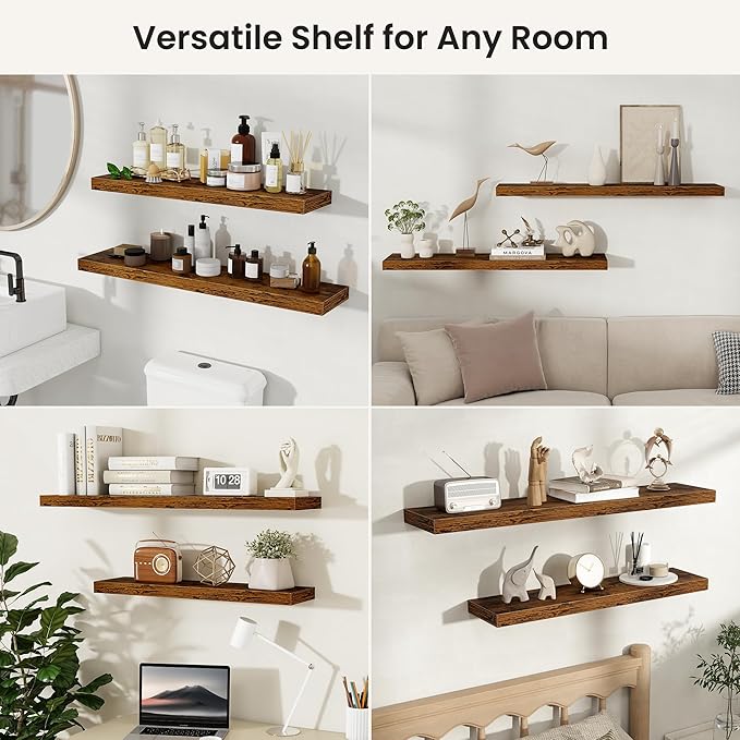 Fun Memories Floating Shelves for Wall, Rustic Wood Wall Mounted Shelves for Bathroom, Bedroom, Living Room and Kitchen, Storage & Home Decor (Set of 2, Brown, 48 in)