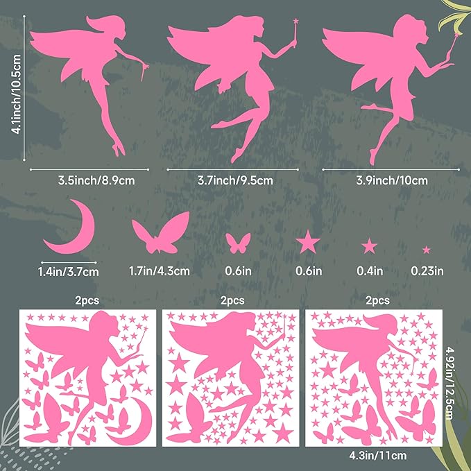 Glow in The Dark Fairy Wall Decals, Luminous Fairies Stars Wall Stickers for Ceiling, Peel and Stick Butterfly Decoration for Kids Room, Pink