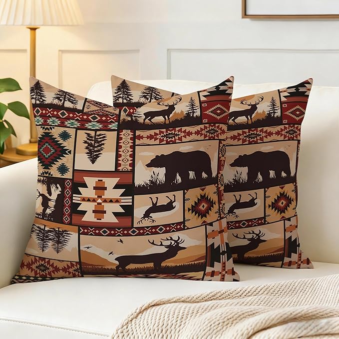 Rustic Wildlife Geometric Bear Throw Pillows Covers Set of 2 18x18 Inch, Retro Brown Bear Moose Decorative Throw Pillowcases, Vintage Pillowcovers for Sofa Living Room Couch Bedroom Cabin Spring Decor