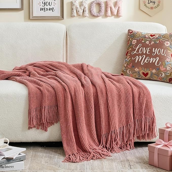 inhand Coral Pink Chunky Chenille Throw Blanket for Couch Bed, Mothers Day/Mom Birthday Gifts for Mom from Daughter Son,Soft Boho Knitted Blanket,Cozy Decor for Living Room,60"x80",Extra Thick