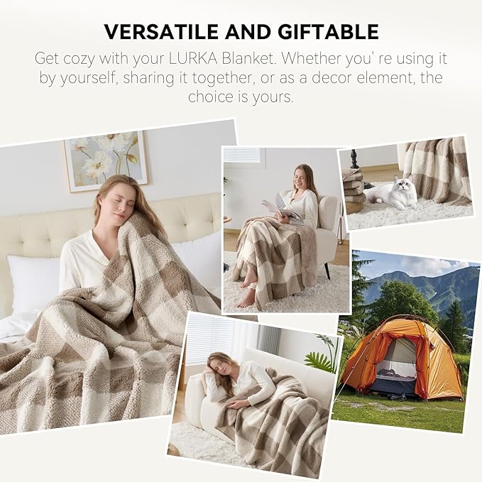 LURKA Checkered Sherpa Fleece Throw Blanket – Soft and Cozy, Medium Weight for All Season, Plush Throw for Couch, Bed, Dorm & Pets, Khaki, 60x80 Inches