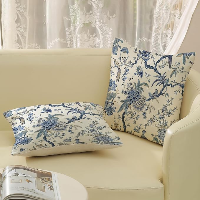 Chinoiserie Floral Bird Pillow Covers 18x18 Set of 2 Spring Chinoiserie Flowers Decorative Pillowcase Outdoor Blue and Cream Throw Pillows Farmhouse Linen Cushion Case for Couch Home Decor
