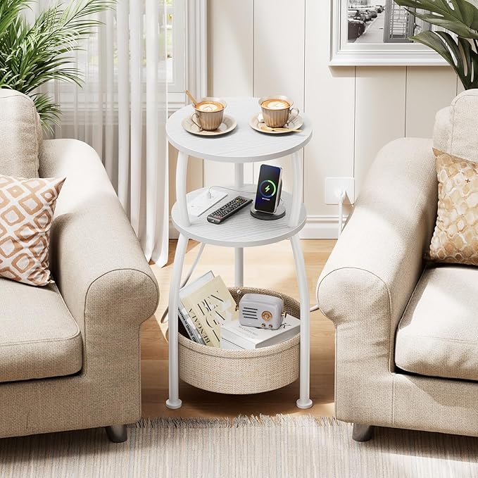 Round Side Table, 3-Tier End Table with Power Outlets, Small Table with Storage Basket, Coffee Table Sofa Side Table for Small Spaces, Nightstand for Living Room Bedroom 11.81in Matte White