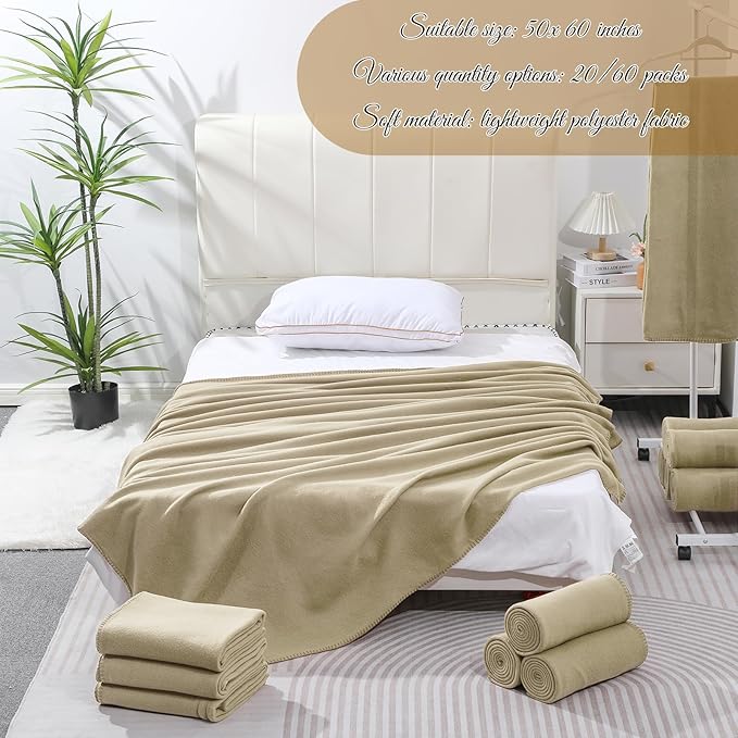 20PCS Khaki Blankets Bulk 50 X 60, Soft Lightweight Throw Blanket Kit Cozy Blankets Bulk for Bed Sofa Couch Warm Pet Fleece Blanket Set for Wedding Homeless Home Office Travel Gift for Seasons