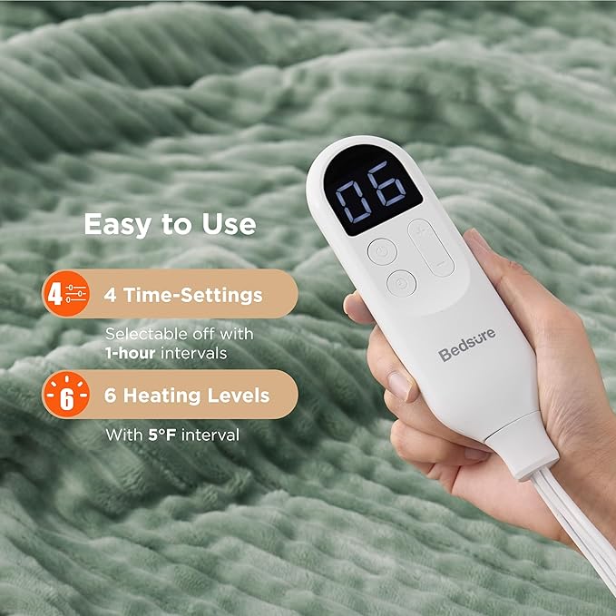 Bedsure GentleSoft Heated Blanket Throw - Soft Ribbed Flannel Electric Blanket, Heating with 4 Time Settings, 6 Heat Settings, and 3 hrs Timer Auto Shut Off, Gifts for Grandma (50x60 inches, Green)