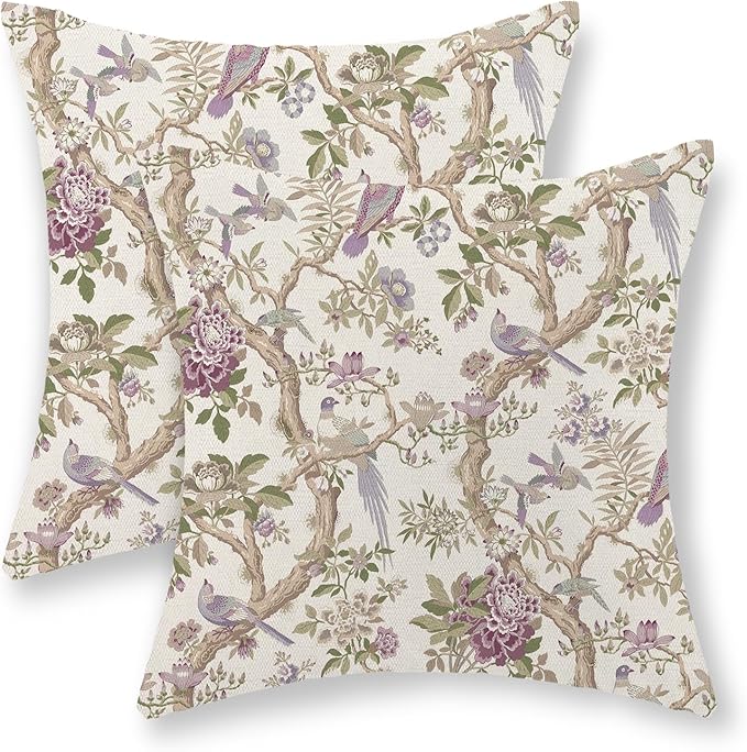 Chinoiserie Pillow Covers 20x20 Set of 2 Purple Green Floral Bird Throw Pillows Vintage Flowers Bird Decorative Pillow Cases Outdoor Chinoiserie Decor Farmhouse Cushion Case for Couch Sofa