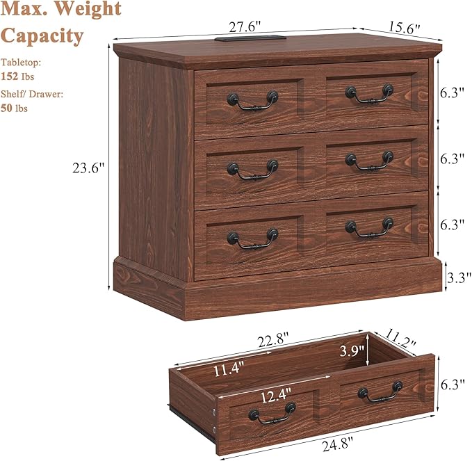 Farmhouse Night Stand with Charging Station, 27.6" Wider Cherry Wood Nightstand with 3 Drawers Dividers Storage, Larger Bedside Table, Side Table End Table for Bedroom, Living Room, Sofa