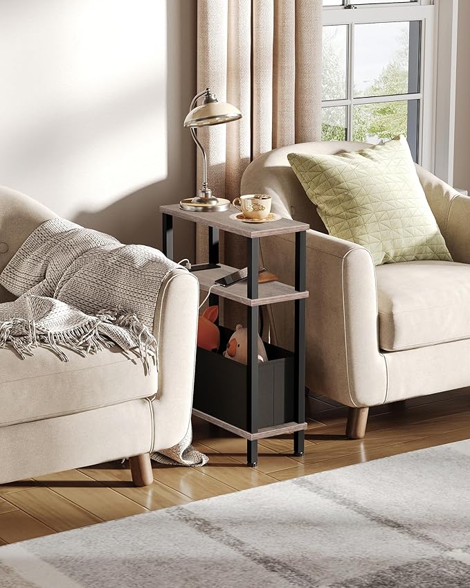 Small Narrow Side Table with Charging Station, Skinny End Table with Fabric Basket, Slim Nightstand for Small Spaces, Sofa Side Table, for Living Room, Bedroom, Greige and Black TBZ07UFH
