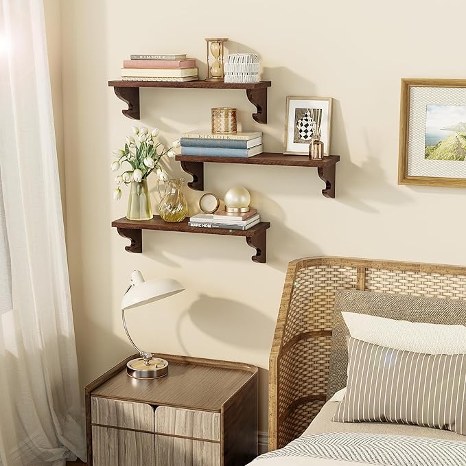 Alsonerbay Wood Floating Shelves for Wall 3 Pack, 17 inch Rustic Wall Shelves with Hook, Decorative Hanging Shelves for Bedroom Living Room Nursery Office and More Light Walnut