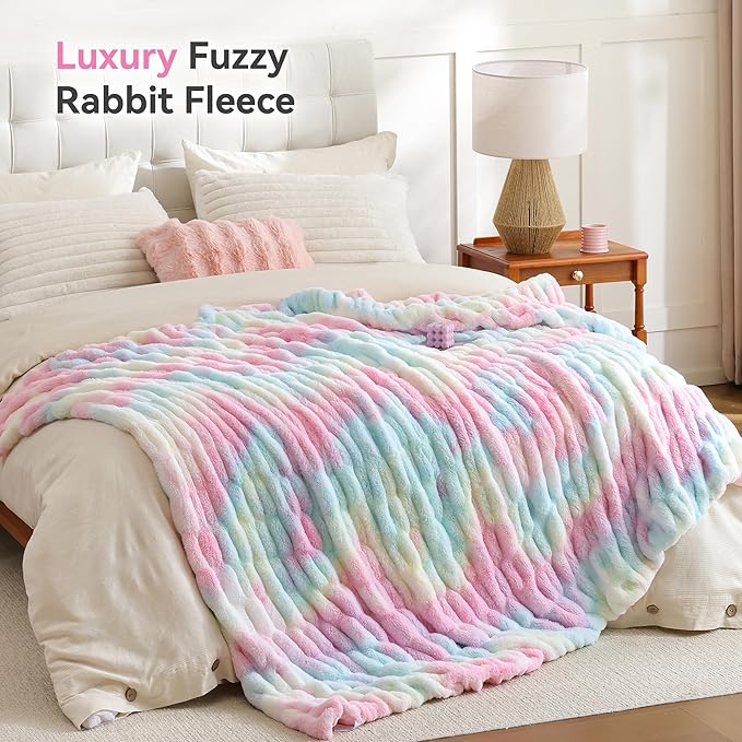 Smoofy Rainbow Throw Blanket for Couch – Ultra Soft Cozy Plush Fluffy Blanket with Faux Rabbit Fur, Fuzzy Lightweight Fleece for Sofa, Bed & Office, Gift for Women, Home Room Decor Throw 60"x 80"