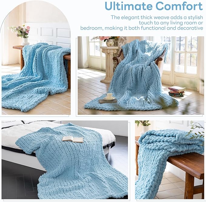Chunky Knit Blanket - Luxury Soft Cozy 60 * 80 Throw Blanket,100% Woven Blanket Rope Knot Throw Blanket for Couch, Sofa, Home Decor, Gift - Machine Washable (Light Blue, 60 * 80)