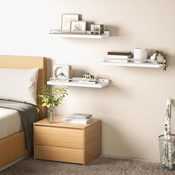 Floating Shelves for Wall Decor, White and Grey Shelves for Bathroom, Living Room, Bedroom, Picture Frames, Plants, Kitchen (Set of 3)