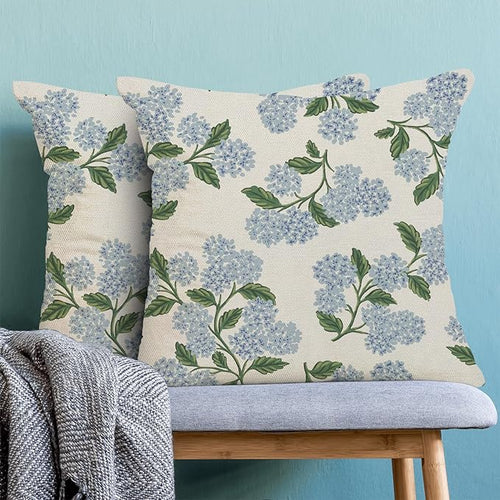 AEIOAE Spring Pillow Covers 20x20 Inch Set of 2, Green Blue Hydrangea Flower Throw Pillows Case,Floral Summer Outdoor Seasonal Decorative Farmhouse Decor Cushion Covers for Home Sofa Bed Couch