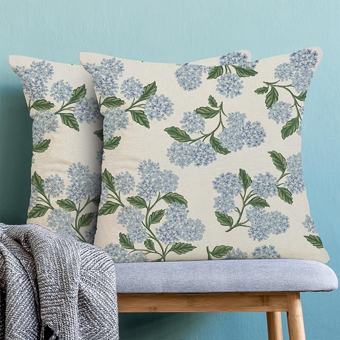 AEIOAE Spring Pillow Covers 18x18 Inch Set of 2, Green Blue Hydrangea Flower Throw Pillows Case,Floral Summer Outdoor Seasonal Decorative Farmhouse Decor Cushion Covers for Home Sofa Bed Couch