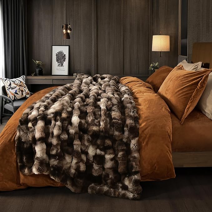 PHF Luxury Faux Rabbit Fur Throw Blanket, Ultra Soft Fluffy Plush Cozy Warm Bubble Blanket for Bed, Couch, Sofa Decorative, Thick Reversible Throw Suitable for Fall & Winter, 50" x 60", Tie Dye Brown