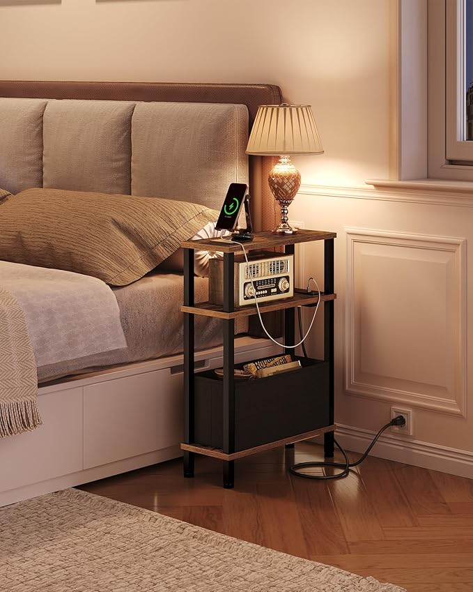 Set of 2 End Tables with Charging Station, Narrow Side Table for Small Spaces, Slim Nightstand with Basket, Skinny Bedside Table, for Living Room, Bedroom, Rustic Brown and Black TBZ07UP2BF