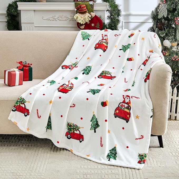 Christmas Blanket - White Holiday Throw with Santa Claus & Snowman - Warm Cozy Fleece Winter Blanket, 50x60 Inches，White