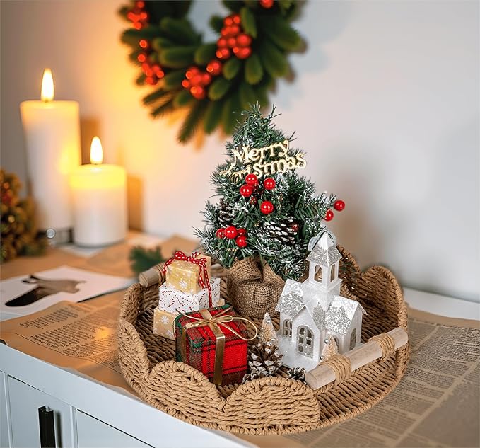CubesLand Round Scalloped Decorative Centerpiece Tray for Coffee Table, Home Decor, Living Room - Neutral Tray w/Wooden Handle – Warm and Elegant for Holidays, Housewarmings - Candle Plate Holder