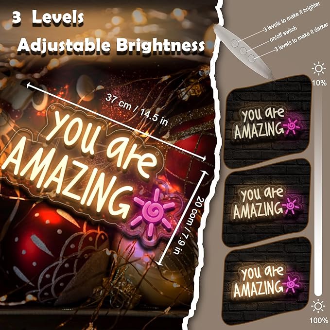 You Are Amazing Neon Sign Wall Decor for Bedroom Class Room Bar Pub Club Nursery Hanging,Dimmable USB Pink Led Light for Wedding Birthday Party Women Christmas Gifts
