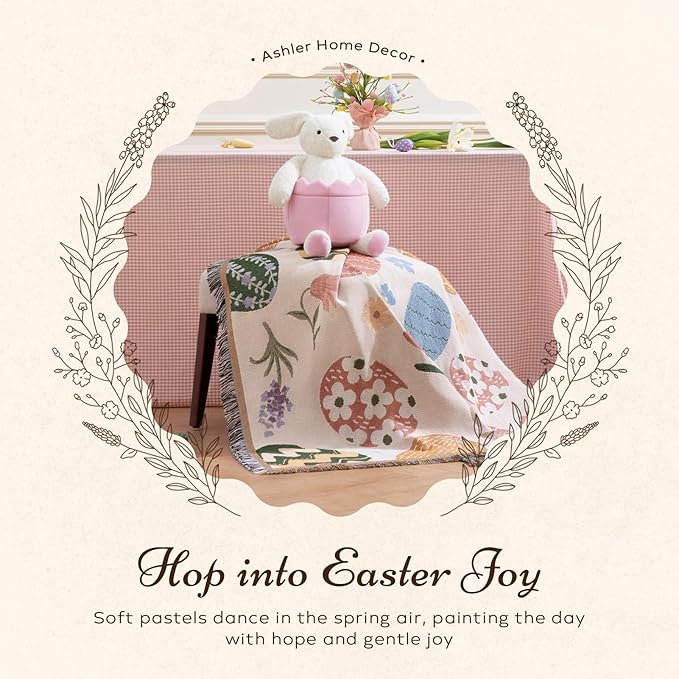 Ashler Easter Throw Blanket, Bed Tassel Blanket with Egg Bag, Soft Breathable Blankets with Easter Atmosphere Egg Pattern for Couch Sofa Living Room Bedroom Spring Decor, Beige, 50 x 60 Inches