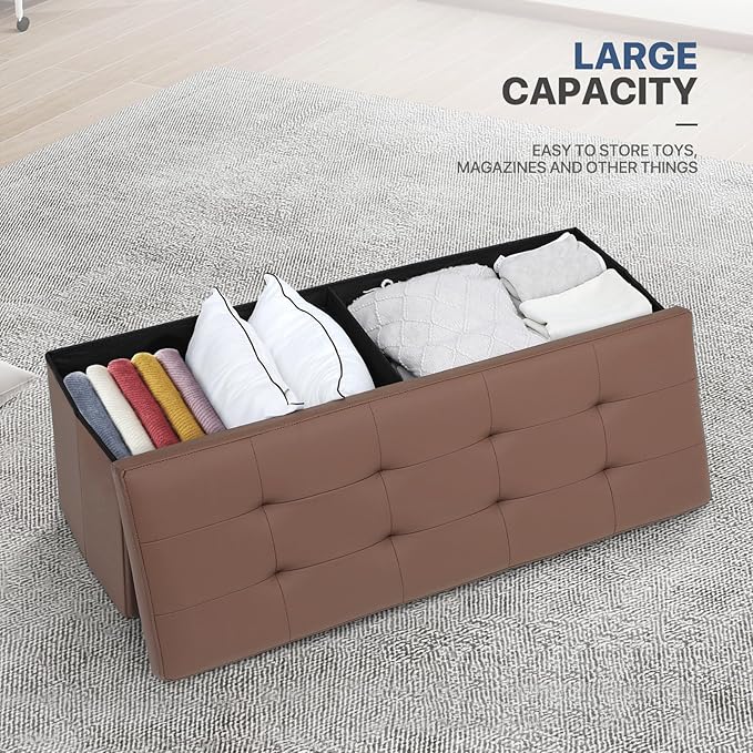 MoNiBloom 43 Inch Storage Ottoman Bench, 34 Gal. Folding Ottoman Footrest, End of Bed Bench, Rectangle Foot Stool, Supports 600 lbs, for Bedroom, Living Room, Entryway, Hallway, Brown