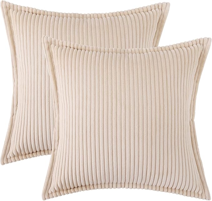 Mecatny Corduroy Throw Pillow Covers 20x20 Set of 2, Neutral Decorative Soft Boho Couch Pillow Covers with Broadside for Sofa Living Room, Beige