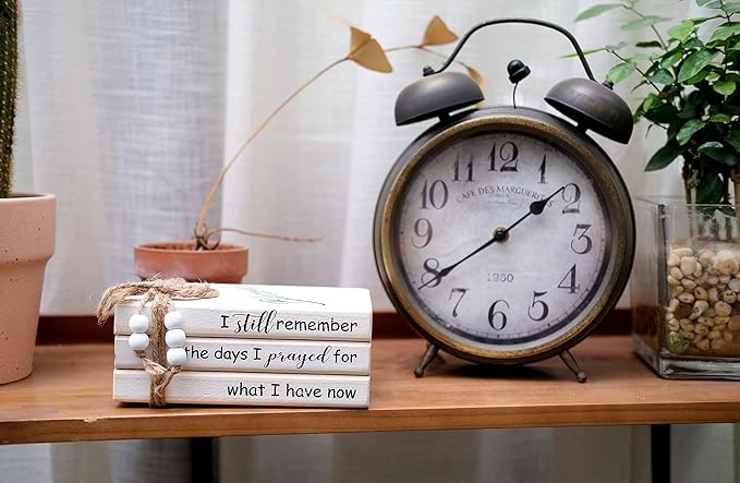 LIVDUCOT Wooden Decorative Books Stack for Coffee Table Faux Book Stack for Decoration I Still Remember the Days I Prayed Modern Farmhouse Decor White Book Decor for Shelf Mantle 7.5x5x3'