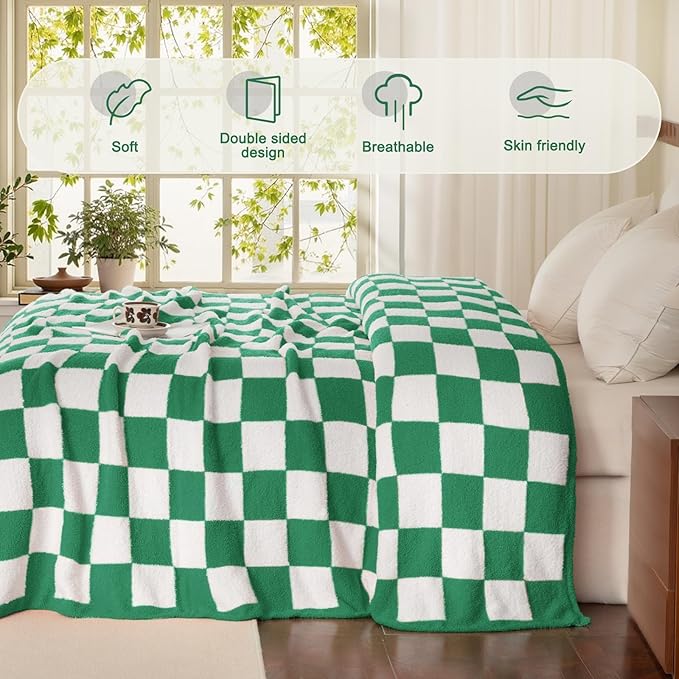 Whale Flotilla Checkered Knit Throw Blanket, Ultra Soft Warm Reversible Cozy Decorative Blankets for Couch Sofa and Bed, 50x60 Inch, Green