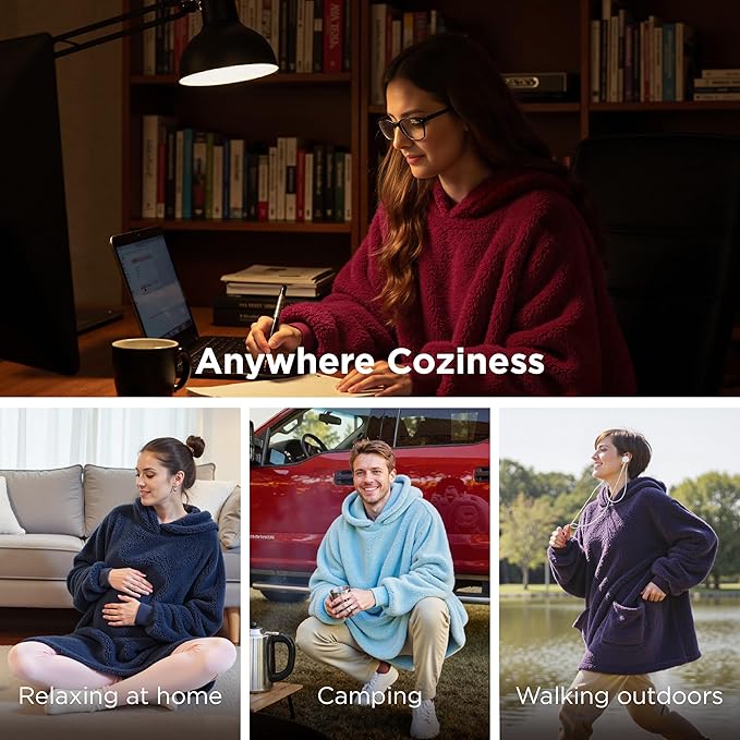 Bedsure Blanket Hoodie, Wearable Blanket Hoodies as Mothers Day Birthday Gifts for Women Men Mom Dad, Warm Cozy Soft Sweatshirt Hooded Blankets for Adult Women Men, Dark Red, Standard