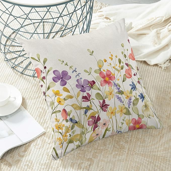 AEIOAE Spring Pillow Covers 22x22 Inch Set of 2, Colorful Wild Flower Leaves Plant Throw Pillows Case,Seasonal Floral Outdoor Decorative Farmhouse Decor Cushion Covers for Home Sofa Bed Couch