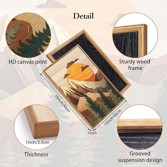 CHDITB Mountain Landscape Framed Wall Art Set, Neutral forest Wall Decor, Nature Pine Tree Sunset Wall Painting, Large Vintage Wood Mountain Art Prints For Living Room Bedroom Office Decor 12”X16”x3
