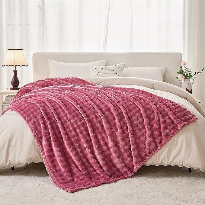 3D Bubble Plush Blanket Textured Fleece Throw Soft Warm Cozy Blanket Couch Bed Twin Rose 60x80 Inches