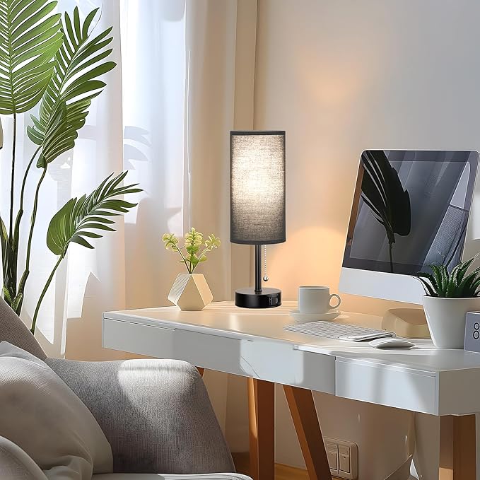 Black Bedside Lamps for Bedroom Set of 2 - Nightstand Table Lamp with USB Charging Port, Pull Chain Night Stand Light, Side Table Desk Reading Lamp for Living Room/Dorm/Bathroom/Kitchen