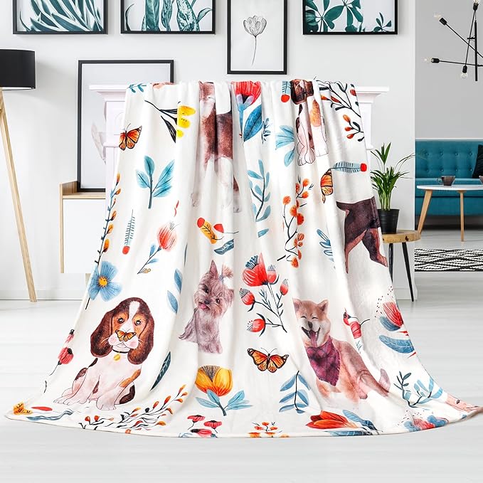 Dog Floral Flower Throw Blanket Gift for Dog Lover Blanket Dogs Themed Flannel Fleece Cozy Fuzzy Plush Throw Blankets for Home