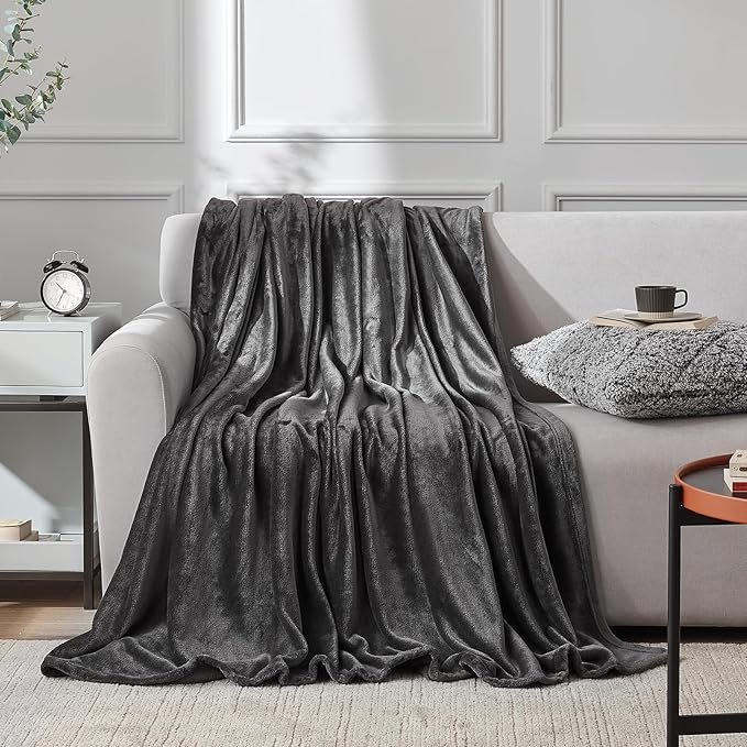 Hansleep Flannel Fleece Throw Blanket Twin Size, Super Soft Fluffy Bed Plush Blanket Throw, Luxury Fuzzy Cozy Couch Blanket for All Seasons, Charcoal, Twin 60x80