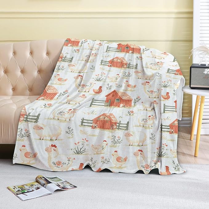 Farmhouse Animal Fleece Blanket - 50x60in Cute Sheep Chicken Throw Blankets,Soft Cozy Lightweight, Ideal for Living Room Home Rustic Decor and Kids Boys Girls Spring Pet Gifts