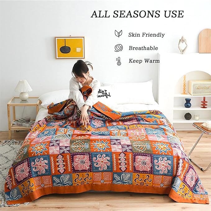 MSGKV Spring Cotton Throw Boho Blanket for Couch Bed, 60''x80'' Muslin Brathable Lightweight Travel Decor Blanket for Bedroom