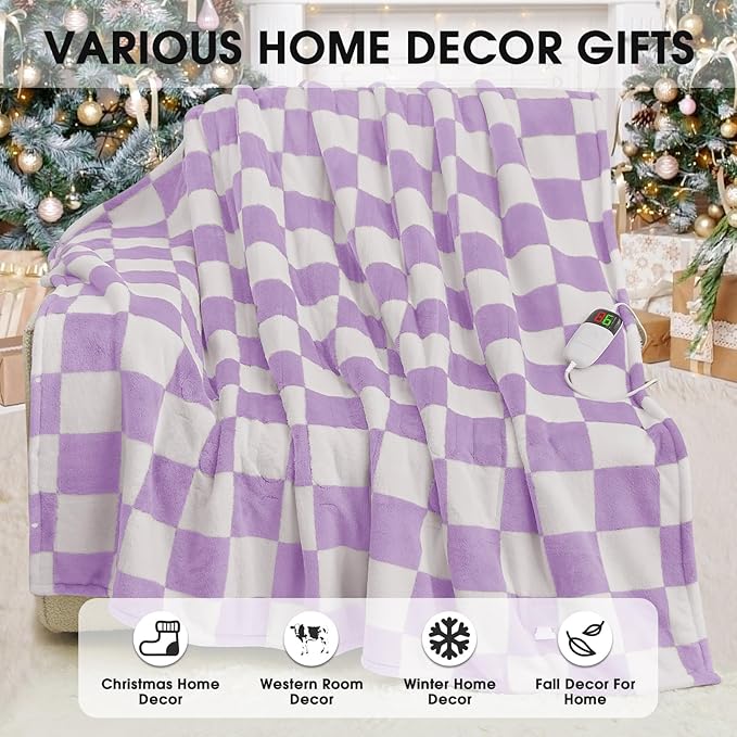 Heated Electric Blanket Throw, 50X60 Heating Blanket with 10 Heat Level & 8 Hours Auto Off for Lap, Light Purple Checkered Plaid Soft Sherpa Blankets for Mom Grandma Women Couch