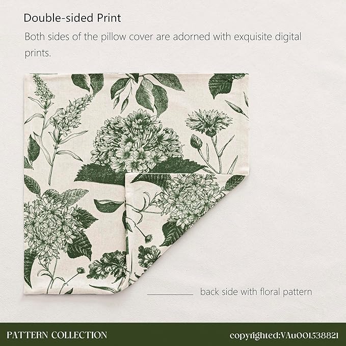Foindtower Set of 2 Linen Floral Throw Pillow Covers Neutral Vintage Print Decorative Cozy Cushion Covers Farmhouse Boho Home Decor for Sofa Chair Couch Bedroom Living Room,24×24 Inch,Dark Green