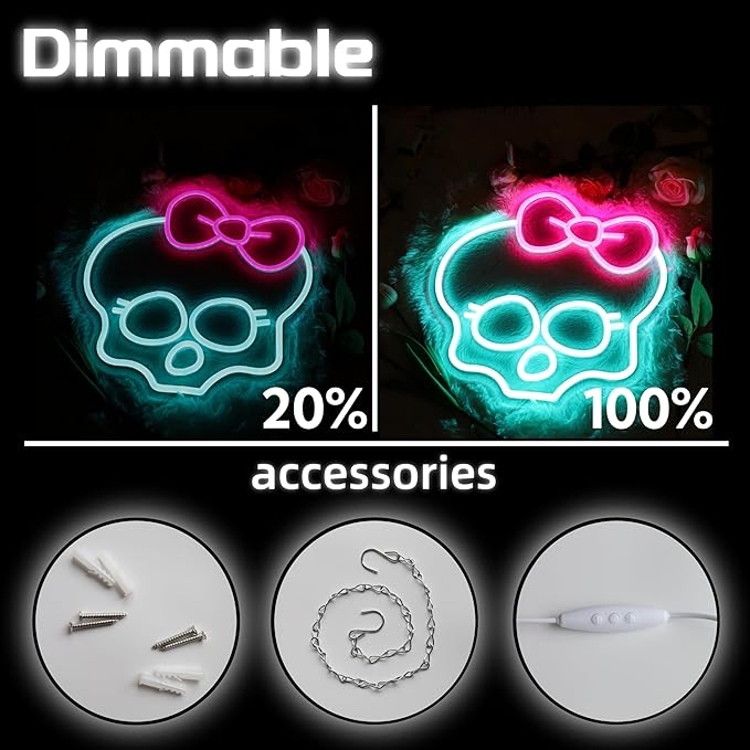 Skull Neon Sign for Room Decor Monster High Neon Light LED Skull with bow Sign Neon Sign for TV Series Fans Gifts Man Cave Wall Decor Dormitory Decoration USB Powered Dimmable 13"*12.6"