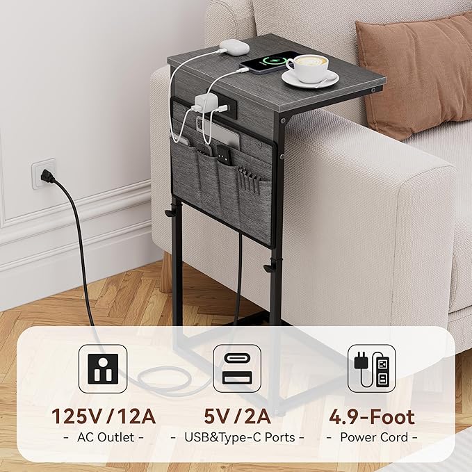 Vagusicc C Shaped End Table with Charging Station, 33" Tall Side Table for Couch, Sofa Table Adjustable Height Couch Side C Table, Slide Under Sofa Tray Table for Living Room Bedroom, Gray Walnut