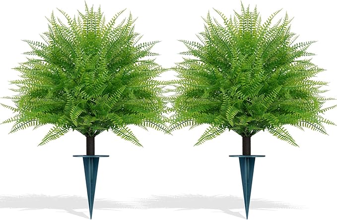 Artificial Fern Topiary Ball with Ground Spike, Set of 2 Faux Boston Fern Plants Shrub, Fake UV Resistant Evergreen Bushes for Porch Garden Indoor Outdoor Decor