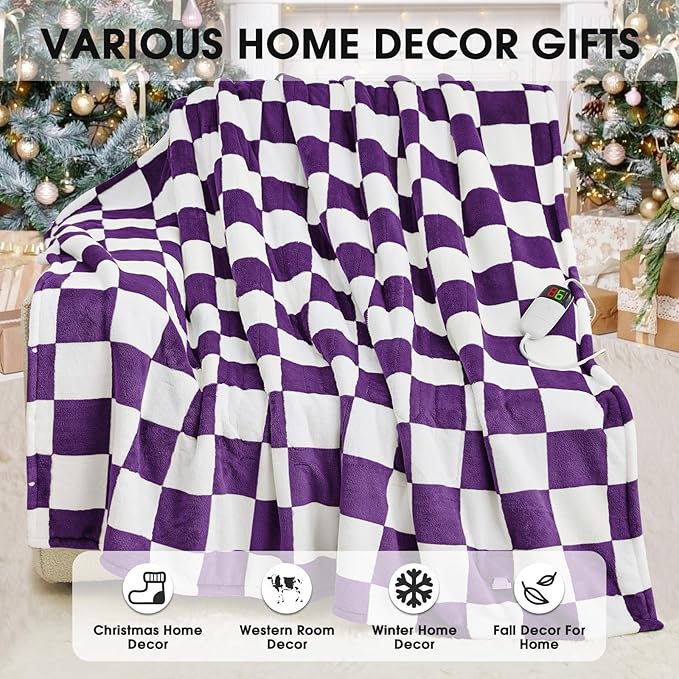 Heated Electric Blanket Throw, 50X60 Heating Blanket with 10 Heat Level & 8 Hours Auto Off for Lap, Deep Purple Checkered Plaid Soft Sherpa Blankets for Mom Grandma Women Couch