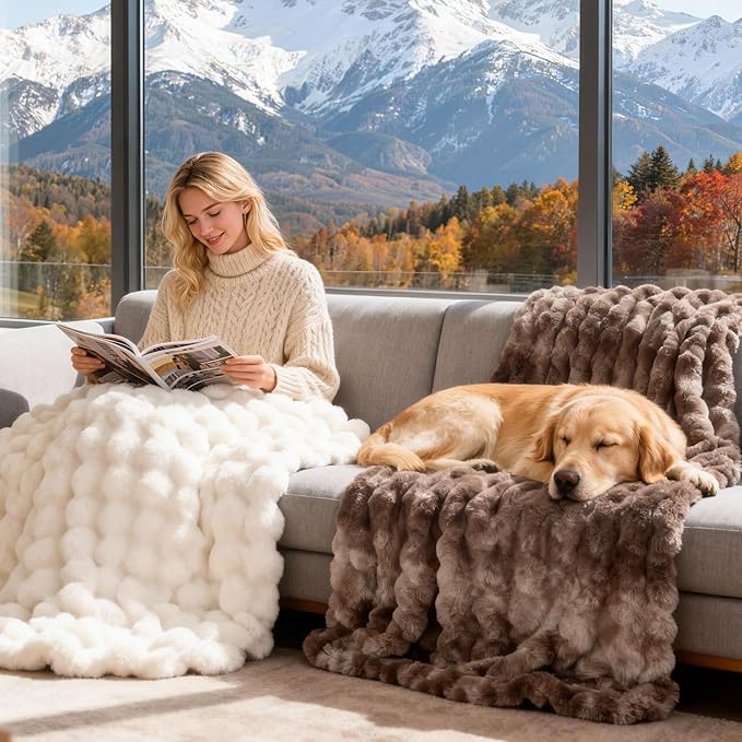 Luxury 1000GSM Faux Rabbit Fur Throw Blanket, Tie-Dye Brown, Ultra Soft Plush 3D Bubble Design, Reversible Mink Brown Blanket for Couch, Sofa, Bed & Living Room, 60"x80", Gift for Women & Family