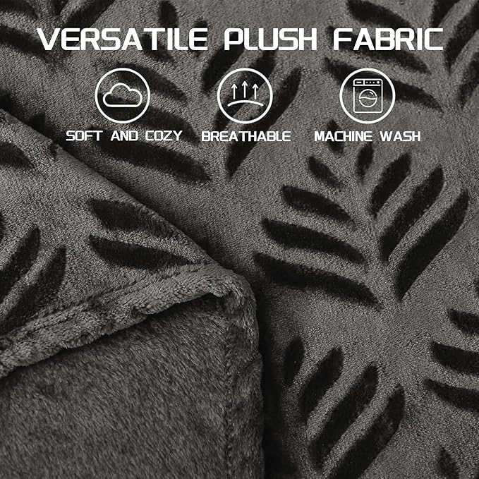 Exclusivo Mezcla Queen Size Fleece Blanket for Bed, Super Soft and Cozy Blankets All Season Use, Leaves Pattern, Plush Fuzzy Lightweight, Dark Grey, 90x90 Inch