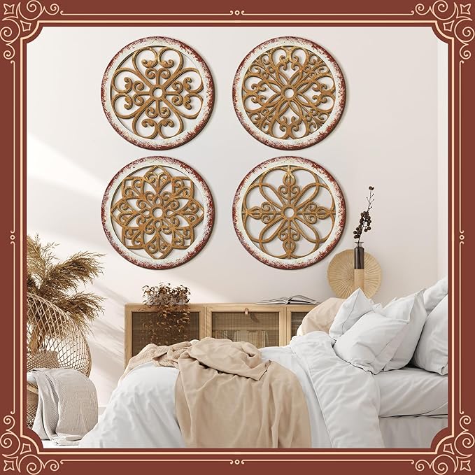 Yulejo 4 Pcs Thicken Rustic Wall Decor Farmhouse Kitchen Wall Round Art Wooden Hollow Carved Design Rustic Art for Living Room Bedroom Hallway Decor (9.8 x 9.8 Inch,Light Brown)