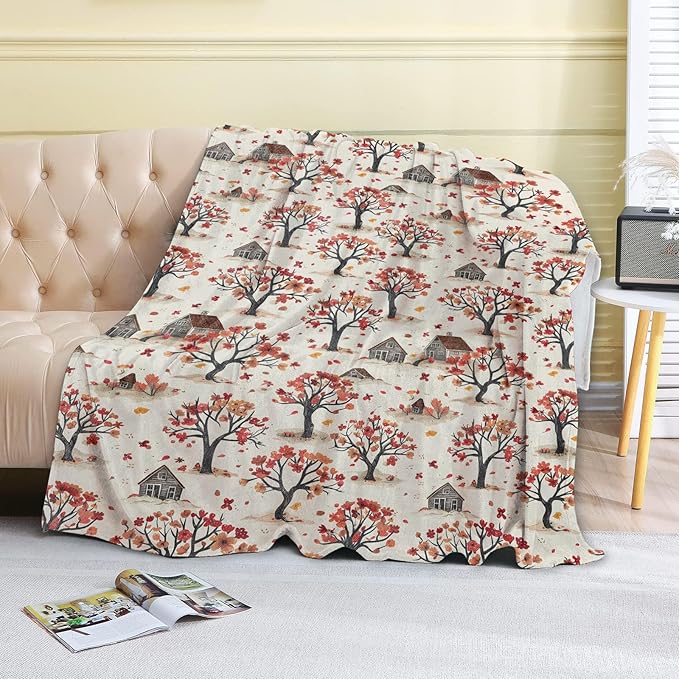 Farmhouse Cottage Fleece Blanket - 60x80in Cute Rustic Fall Tree Throw Blankets,Soft Cozy Lightweight, Ideal for Living Room Home Whimsical Decor and Kids Women Girls Spring Gifts