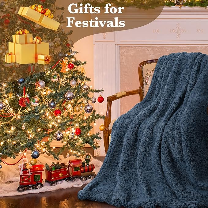 LBRO2M Double Sided Sherpa Blanket,King Size Super Soft Fuzzy Plush Warm Cozy Fluffy Throw Reversible Luxurious Blankets (Navy Blue)