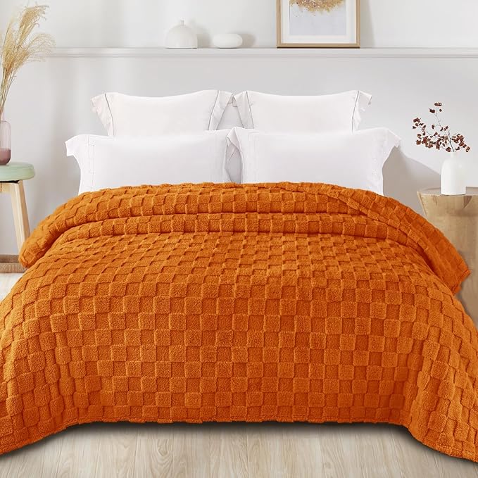Exclusivo Mezcla Queen Size Flannel Fleece Blanket, Super Soft and Warm Lightweight Checkered Pattern Blanket for All Seasons, 90x90 Inches, Burnt Orange
