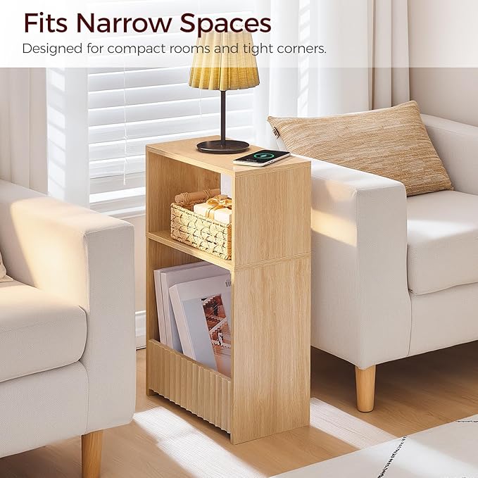 Small Narrow Side Table with Open Storage Shelves, 3-Tier Skinny End Table for Small Space, Slim Nightstand, Skinny Couch Side Table for Living Room, Bedroom, Entryway, Natural ETNA75101